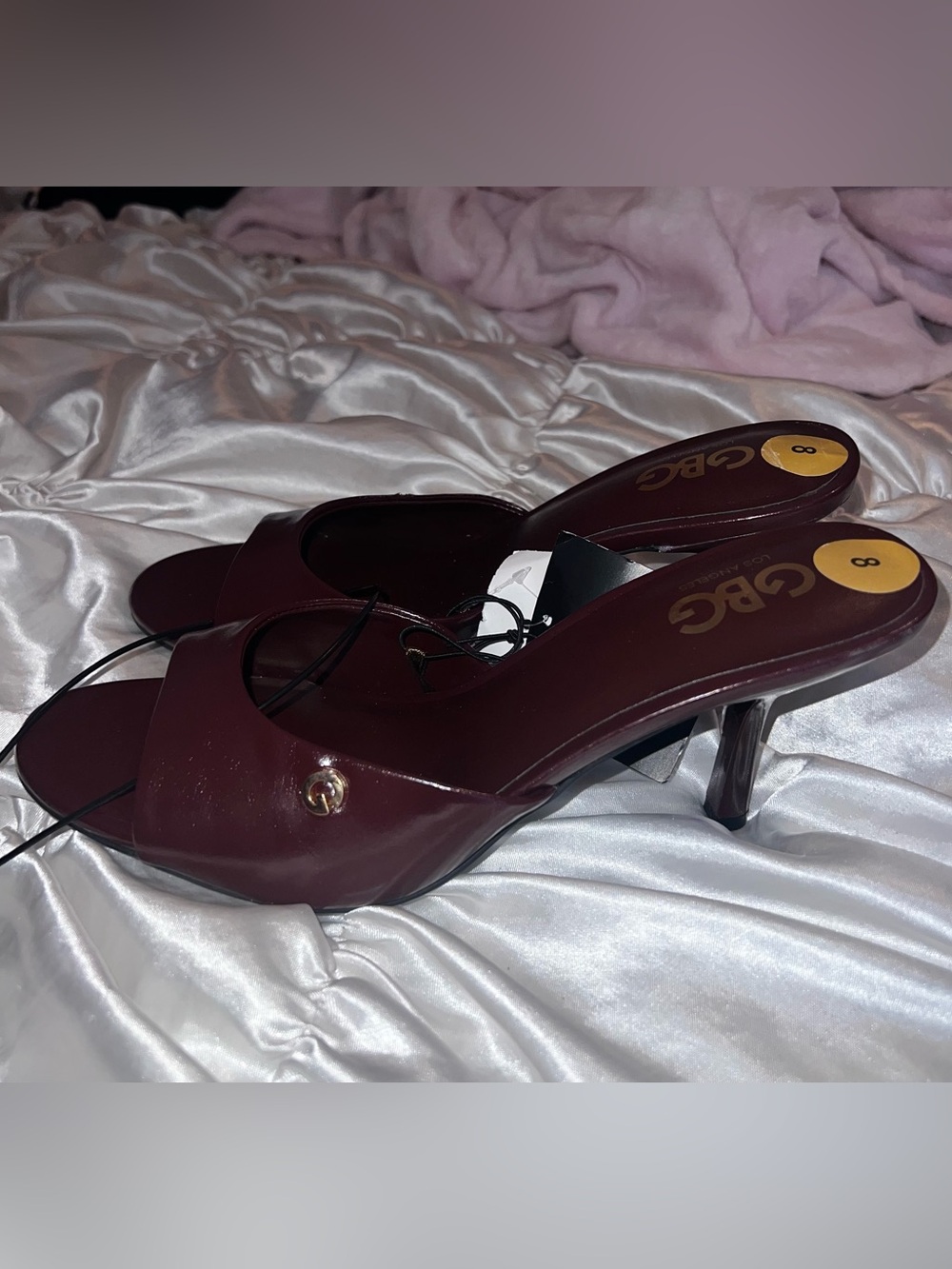 G by Guess Maroon Patent Open-Toe Kitten Heel Mules